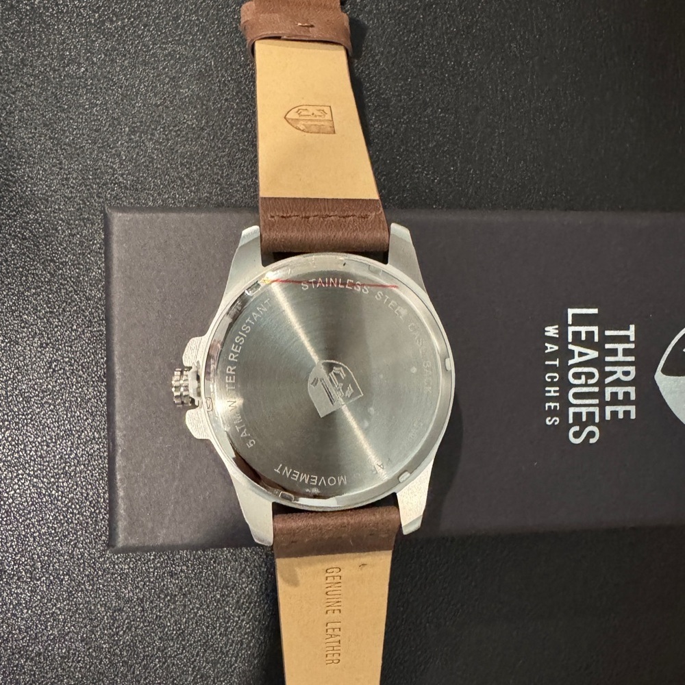 Three Leagues Artillery Green and Yellow Watch with Leather Strap - Picture 4 of 5